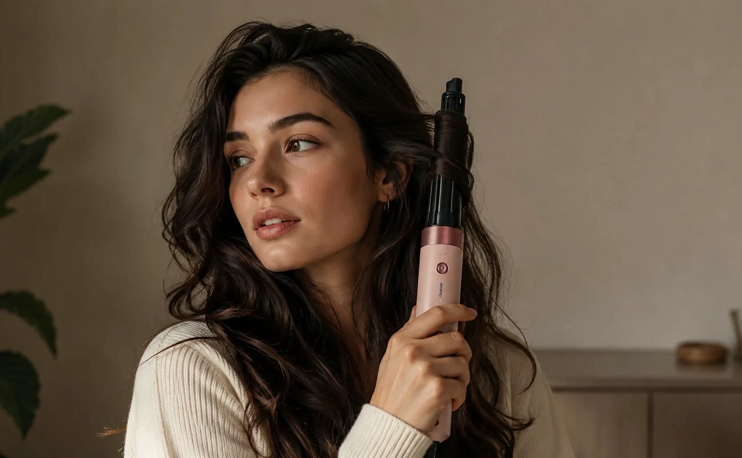 Woman styling long wavy hair with the Airwrap i.d. barrel