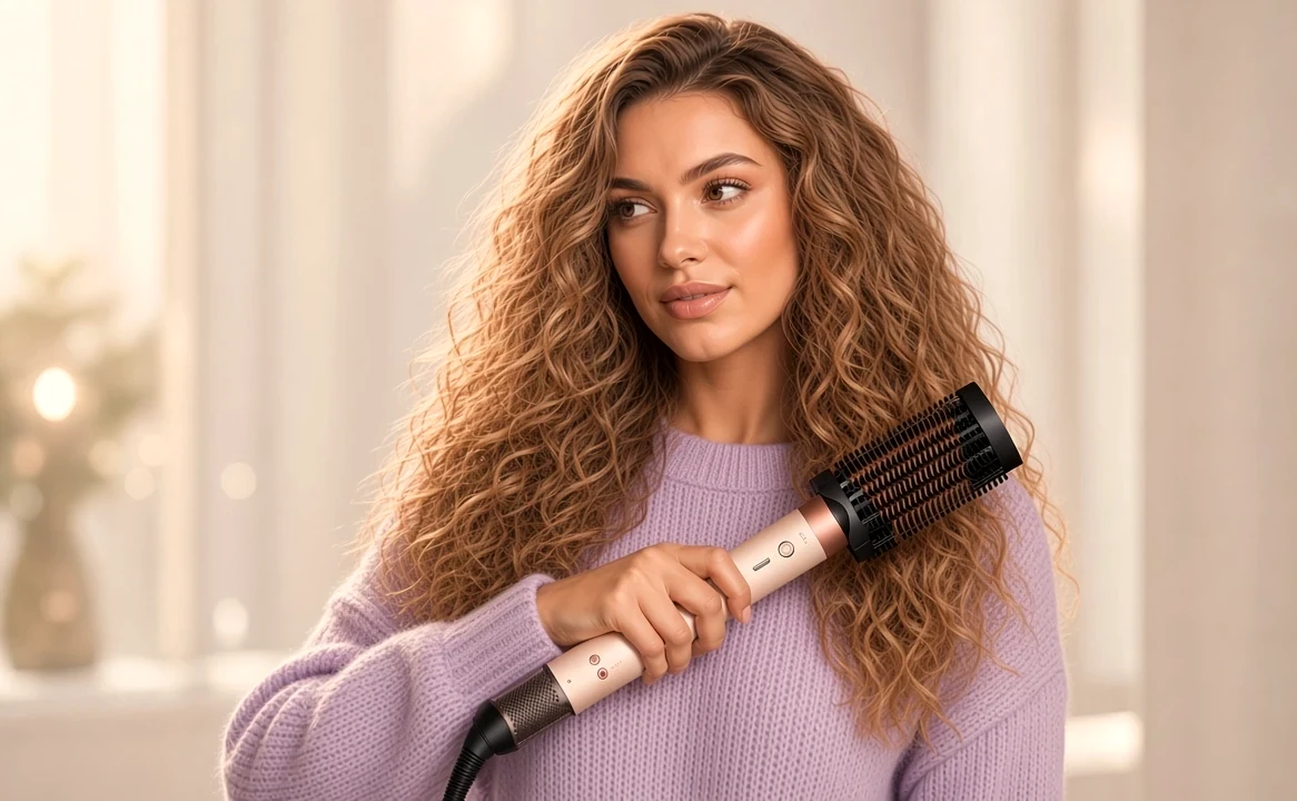Woman smoothing curly hair with the Airwrap i.d. firm brush